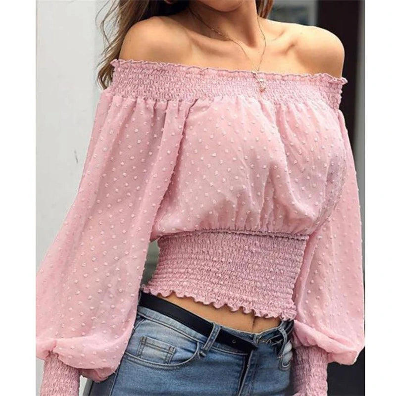 Puff Sleeve Off Shoulder Blouses-Tops