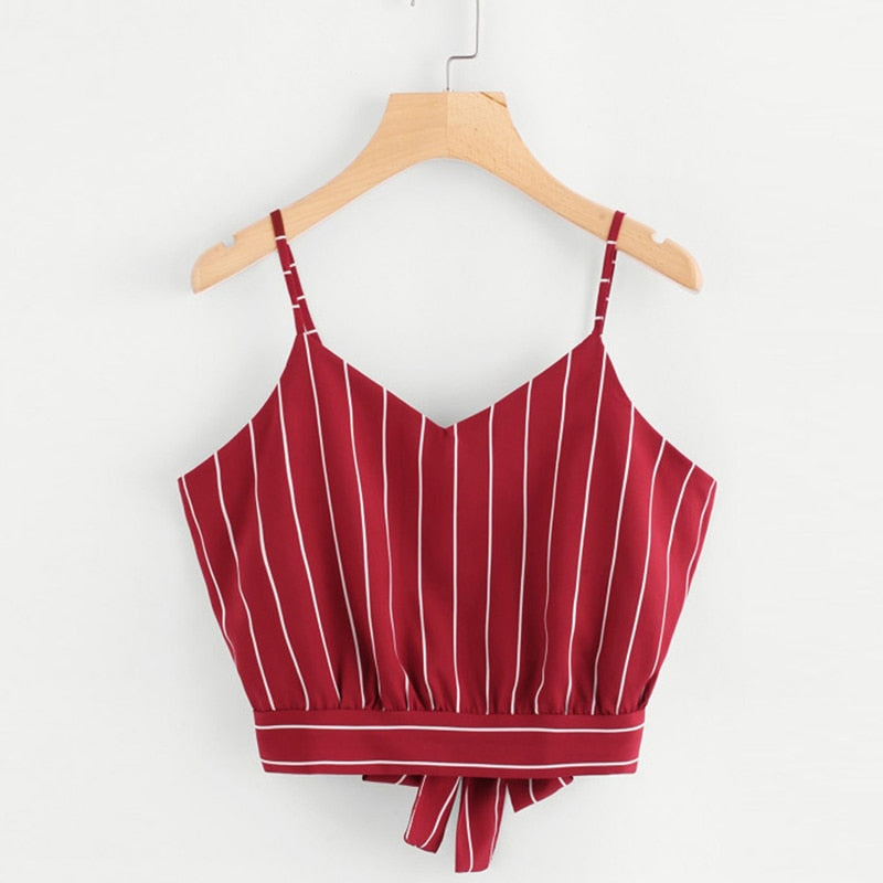 Madeleine Knot Striped Split Tie Back Crop Cami-Tops