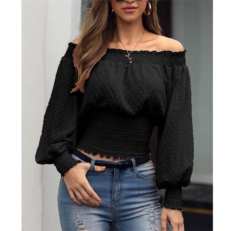 Puff Sleeve Off Shoulder Blouses-Tops