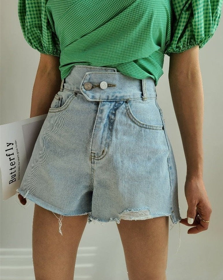 Saige High Waist Double Button Jeans Shorts-Bottoms