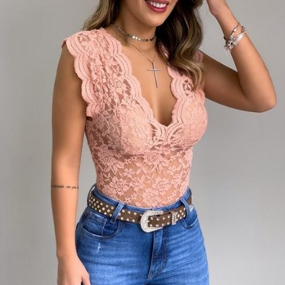 Lace Sleeveless Blouses-Tops