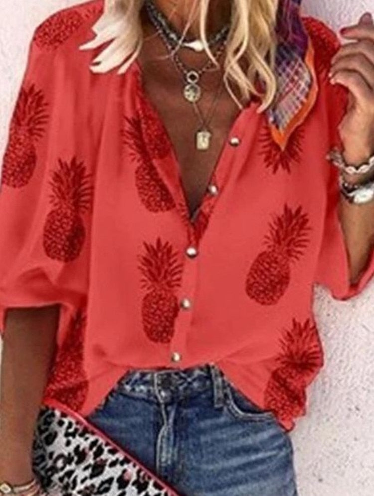 Luciana Casual Pineapple Print Blouses-Tops