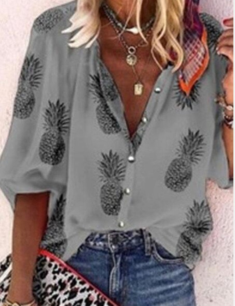 Luciana Casual Pineapple Print Blouses-Tops