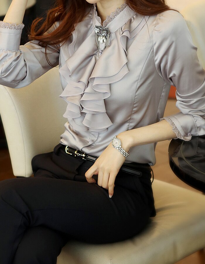 White Blouse Ruffles Solid-Tops