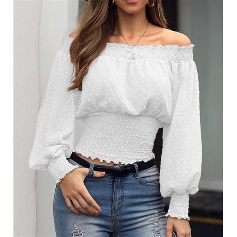 Puff Sleeve Off Shoulder Blouses-Tops