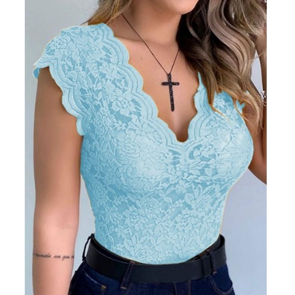 Lace Sleeveless Blouses-Tops