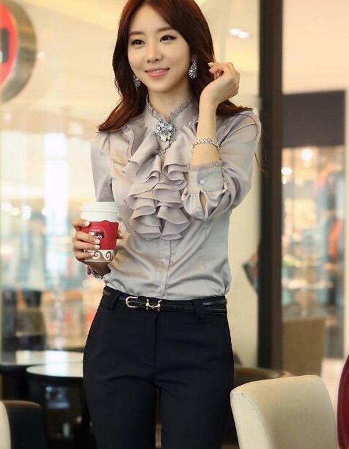 White Blouse Ruffles Solid-Tops