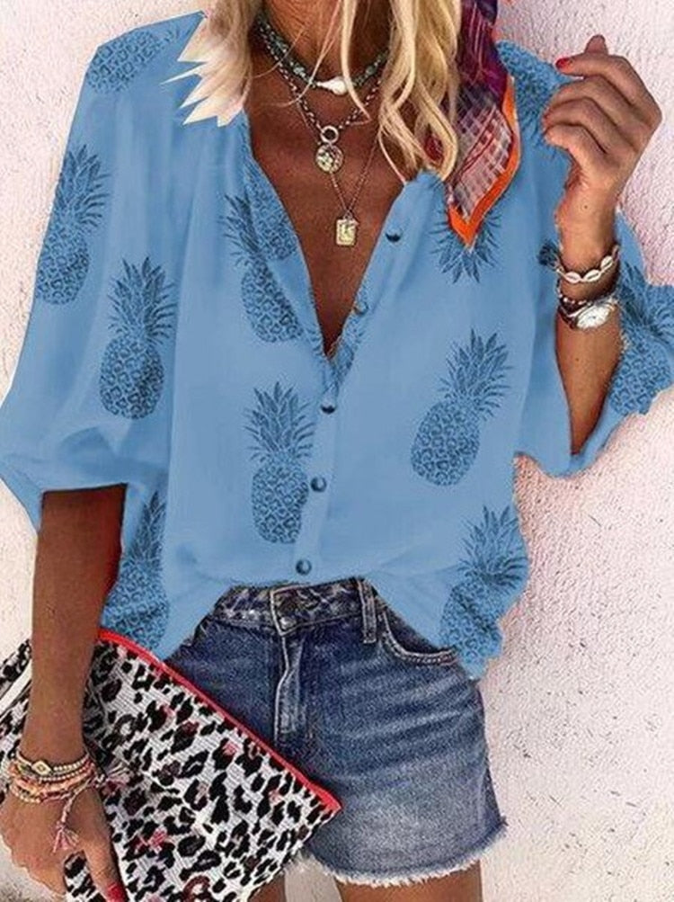 Luciana Casual Pineapple Print Blouses-Tops