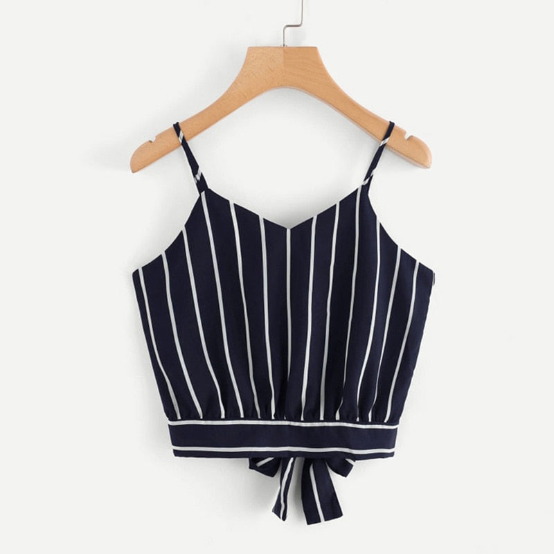 Madeleine Knot Striped Split Tie Back Crop Cami-Tops