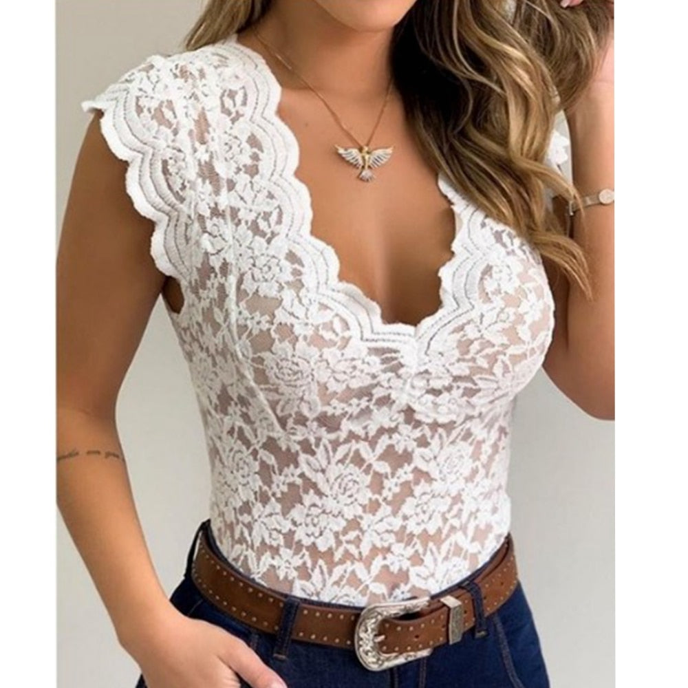 Lace Sleeveless Blouses-Tops