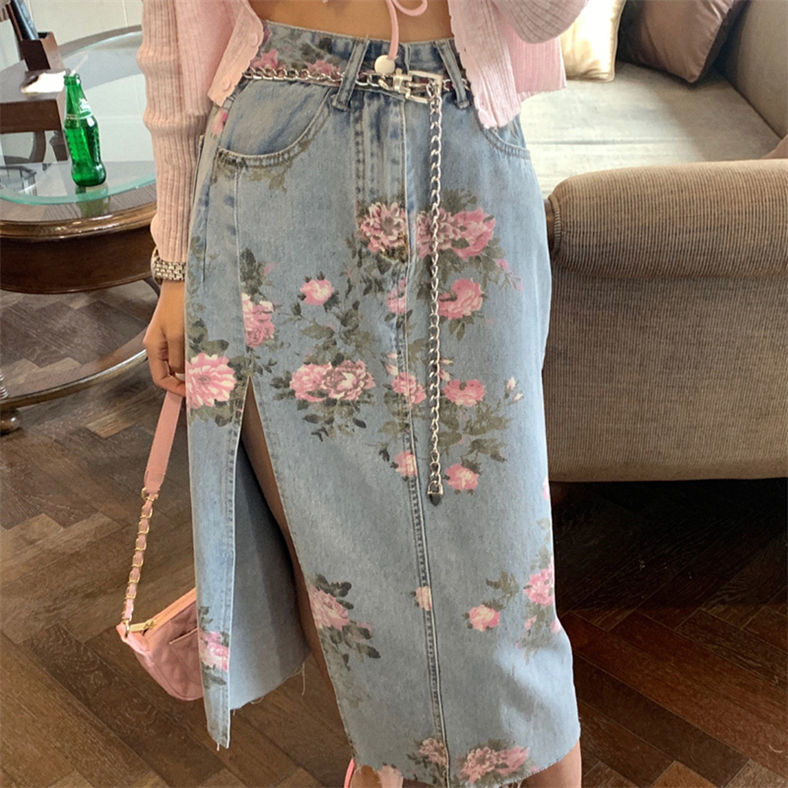 Ari Vintage Flowers Print Long Denim Skirt-Bottoms