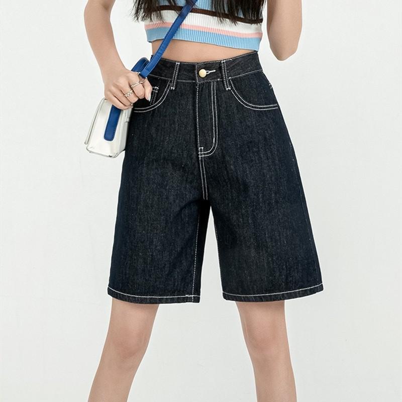 Jimena Solid Knee-length Denim Shorts-Bottoms