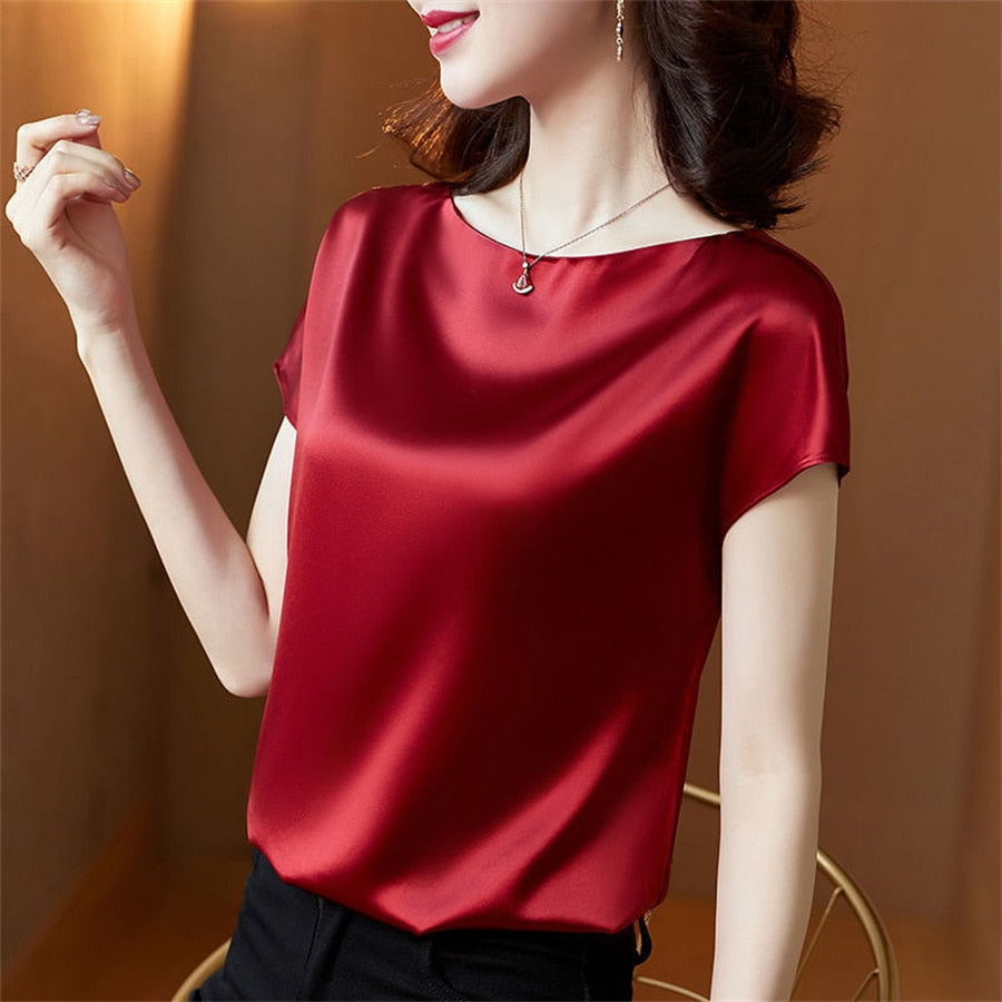 Alaya Short Sleeve O-Neck Blouses-Tops