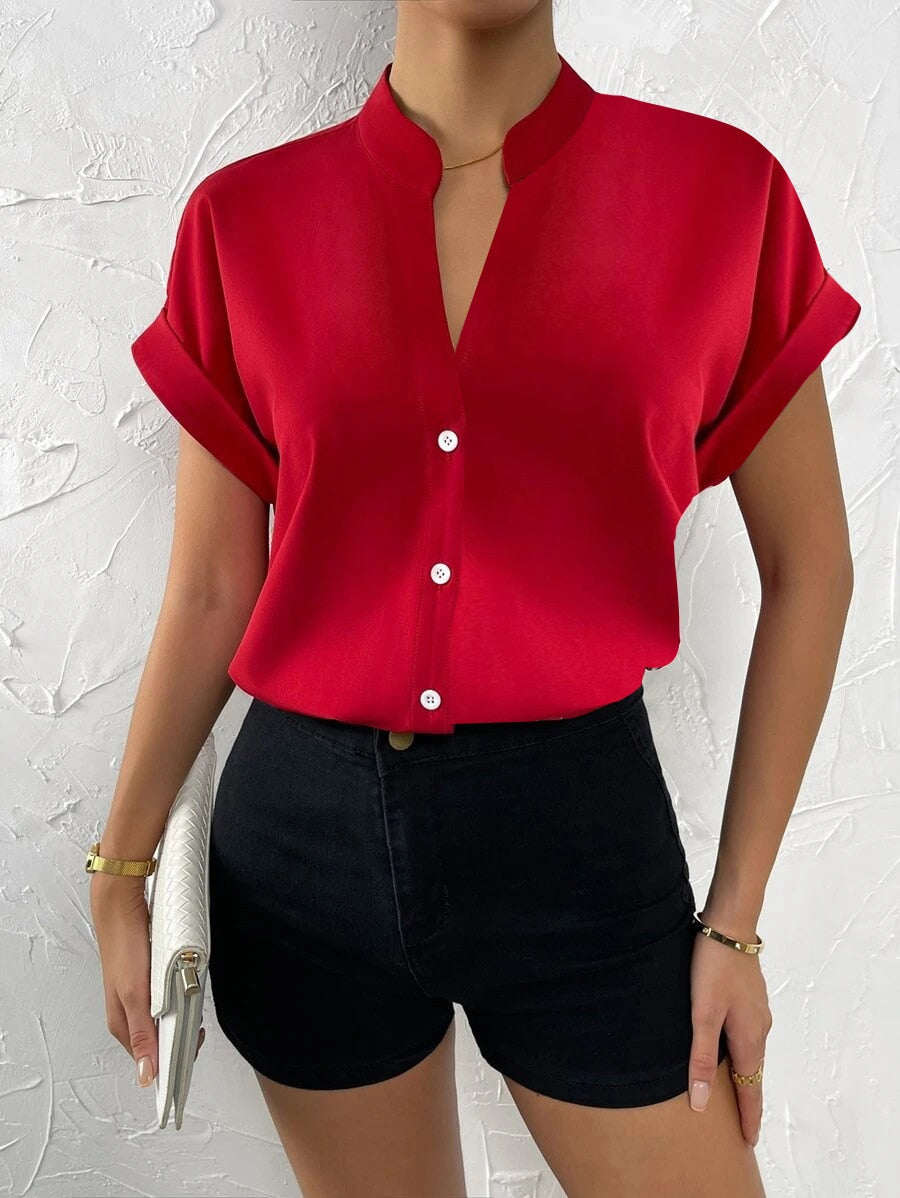 Elle Solid V-neck Short Sleeve Shirt-Tops