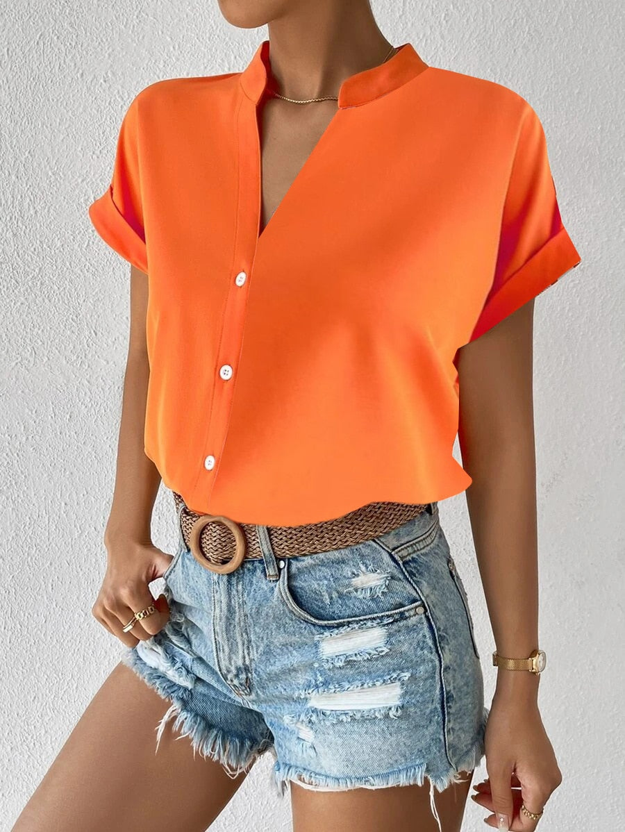 Elle Solid V-neck Short Sleeve Shirt-Tops