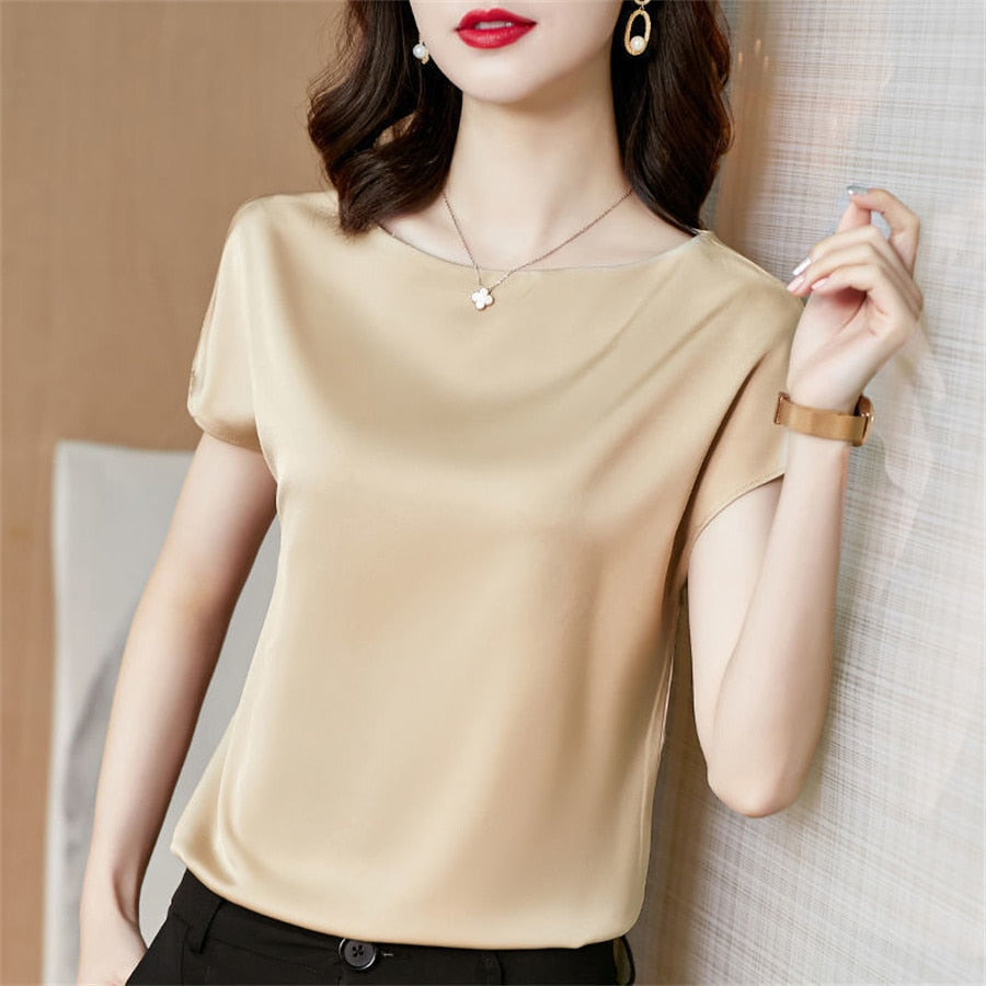 Alaya Short Sleeve O-Neck Blouses-Tops