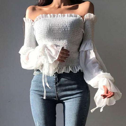 Danna Long Sleeve Off Shoulder Cropped Blouse-Tops