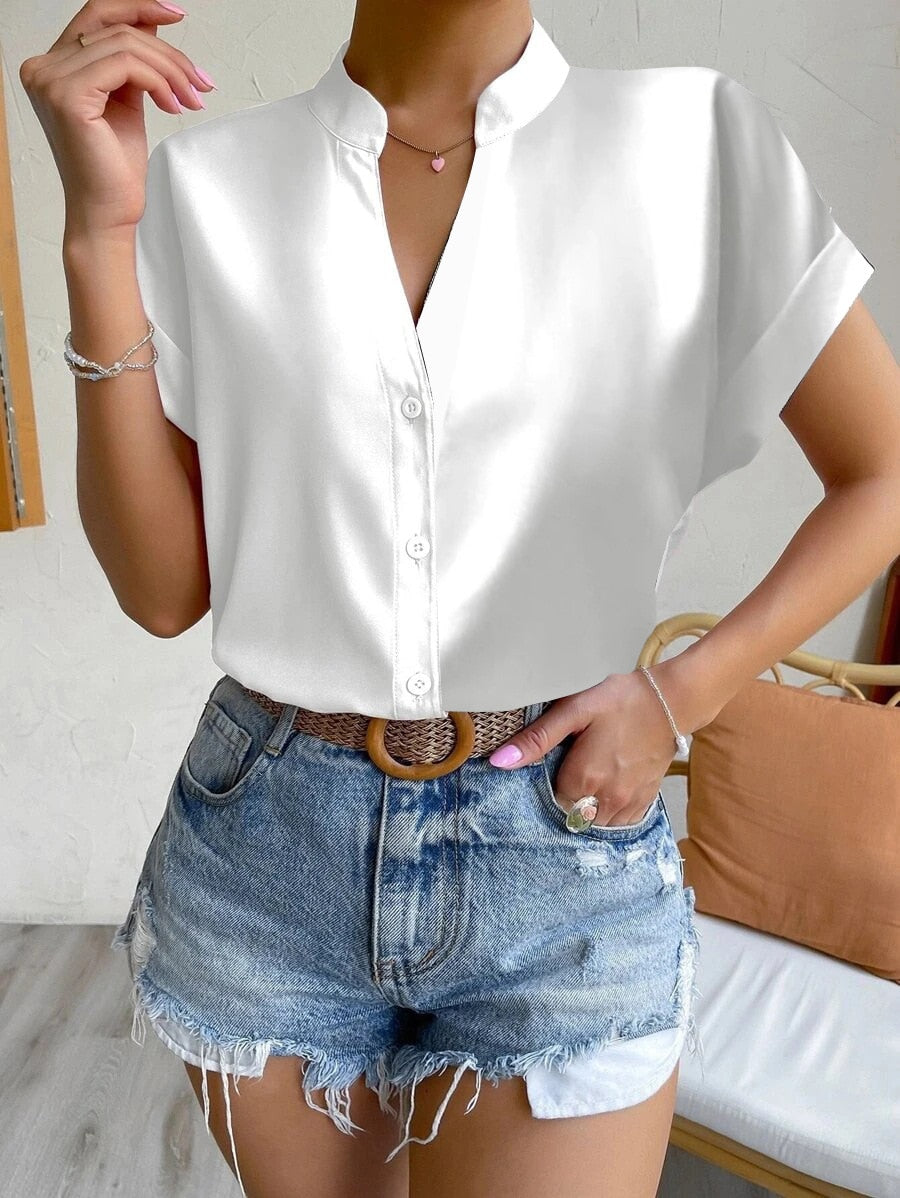 Elle Solid V-neck Short Sleeve Shirt-Tops