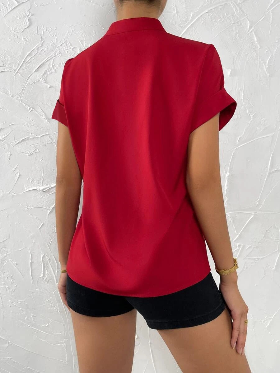 Elle Solid V-neck Short Sleeve Shirt-Tops