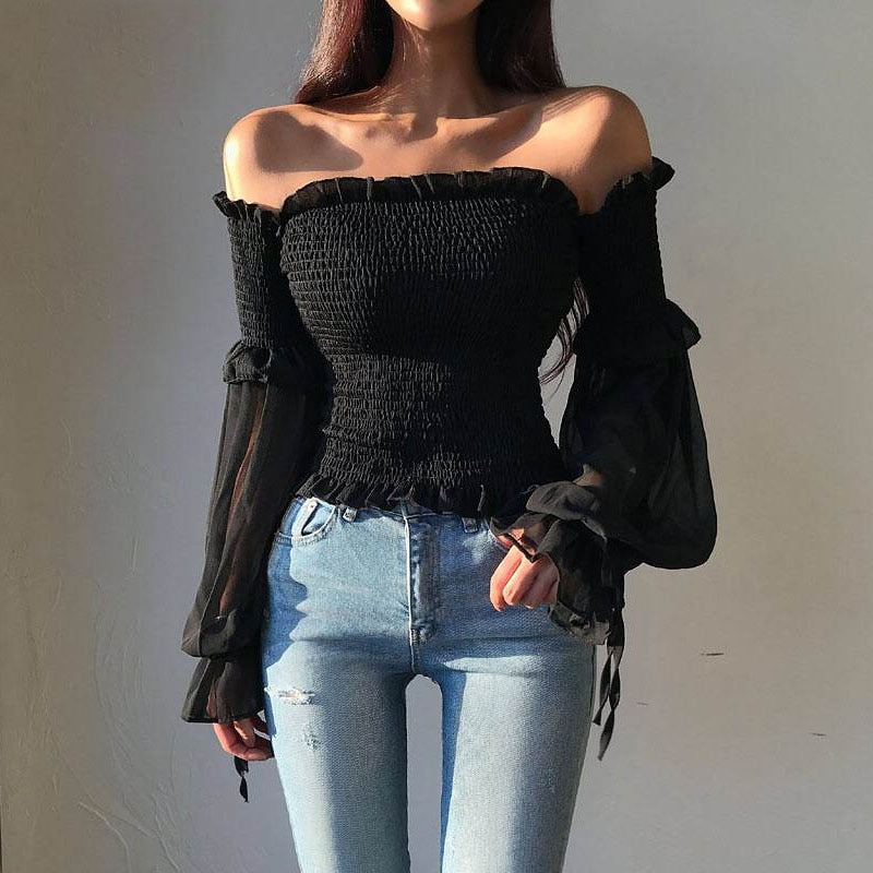 Danna Long Sleeve Off Shoulder Cropped Blouse-Tops