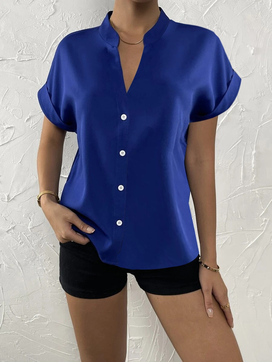 Elle Solid V-neck Short Sleeve Shirt-Tops