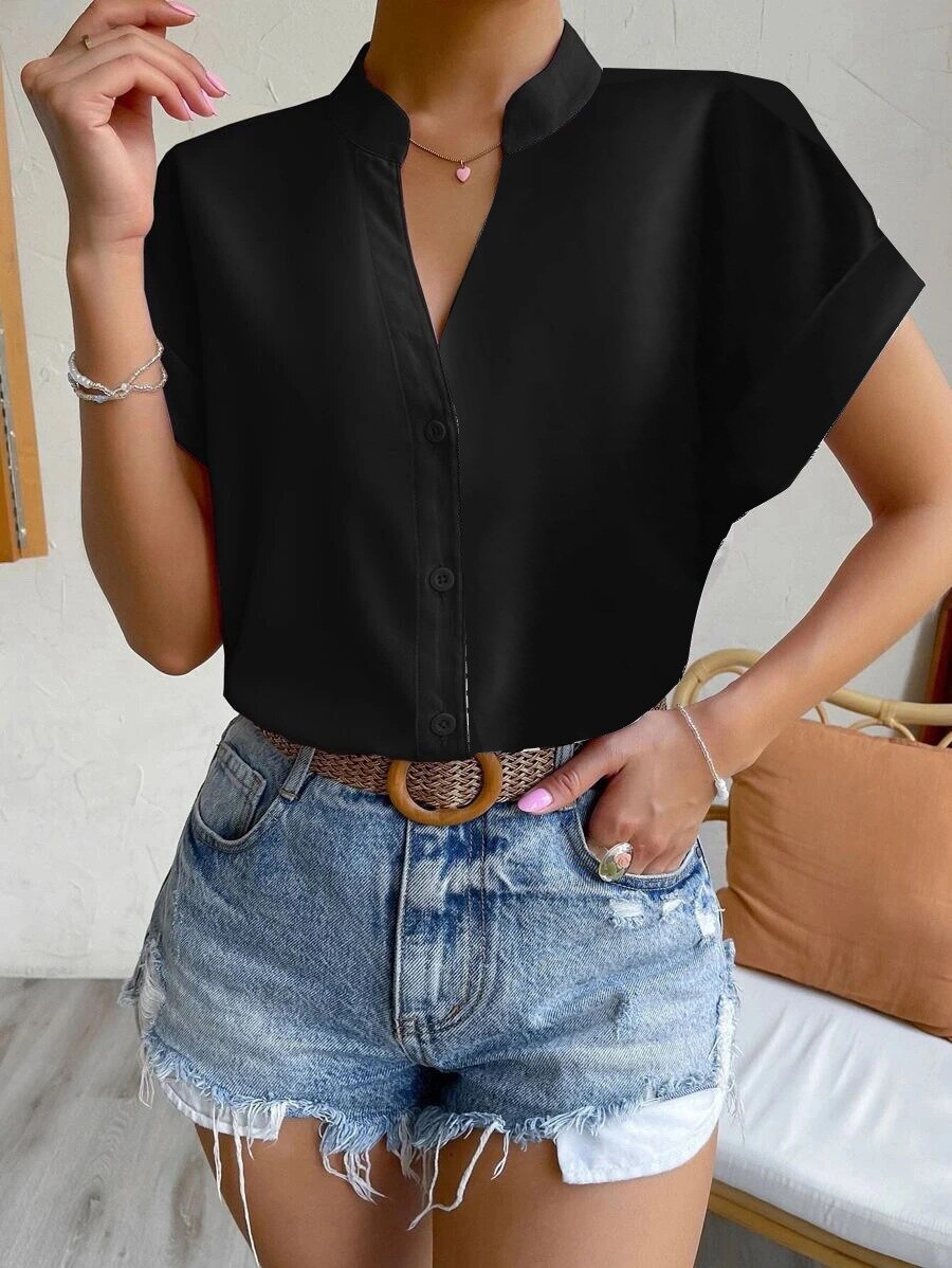 Elle Solid V-neck Short Sleeve Shirt-Tops