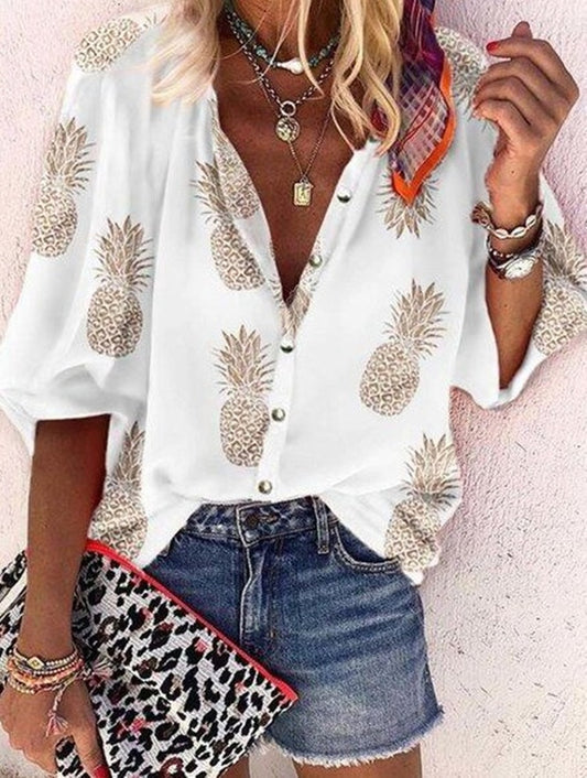 Luciana Casual Pineapple Print Blouses-Tops