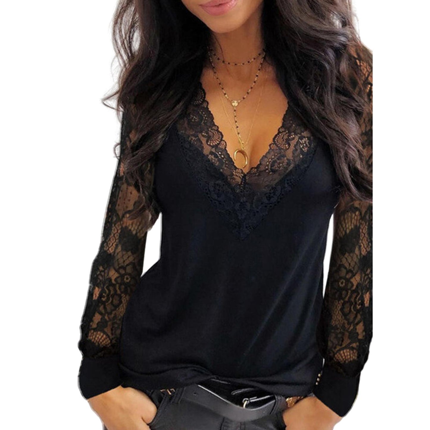 Poppy Lace Blouse Deep V Neck-Tops