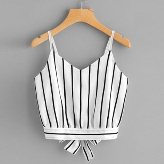 Madeleine Knot Striped Split Tie Back Crop Cami-Tops