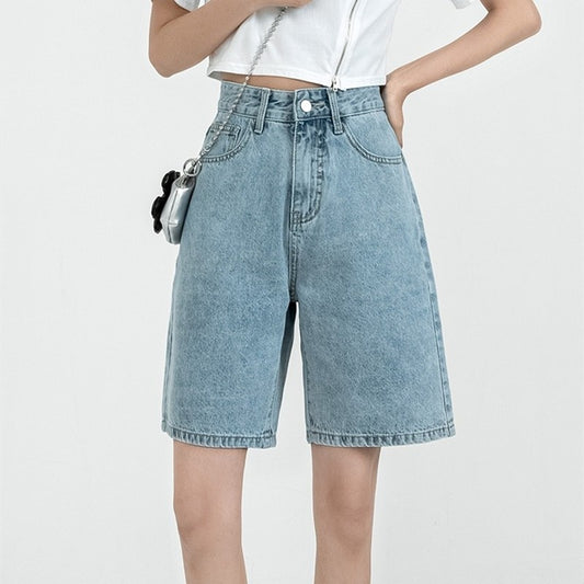 Jimena Solid Knee-length Denim Shorts-Bottoms